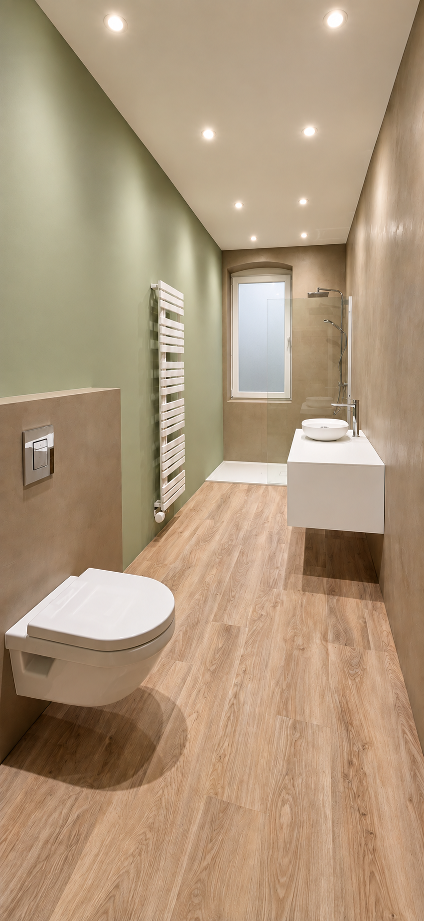 Badezimmer mit grüner Wand und bodengleicher Dusche